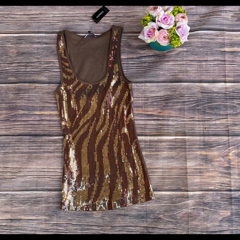 NWT Express Women’s Sequin Tank Top Size M Brown/Gold